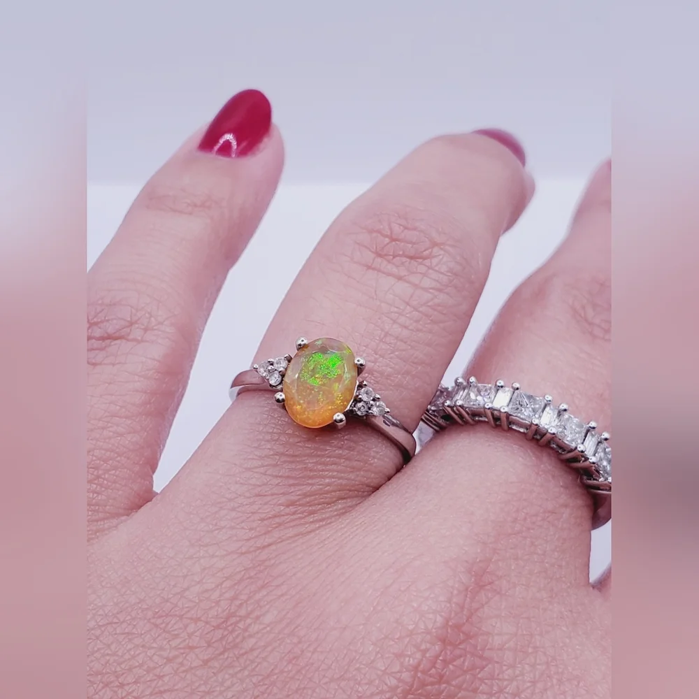10k Solid White Gold Genuine Ethiopian Oval Opal & White Zircon Ring